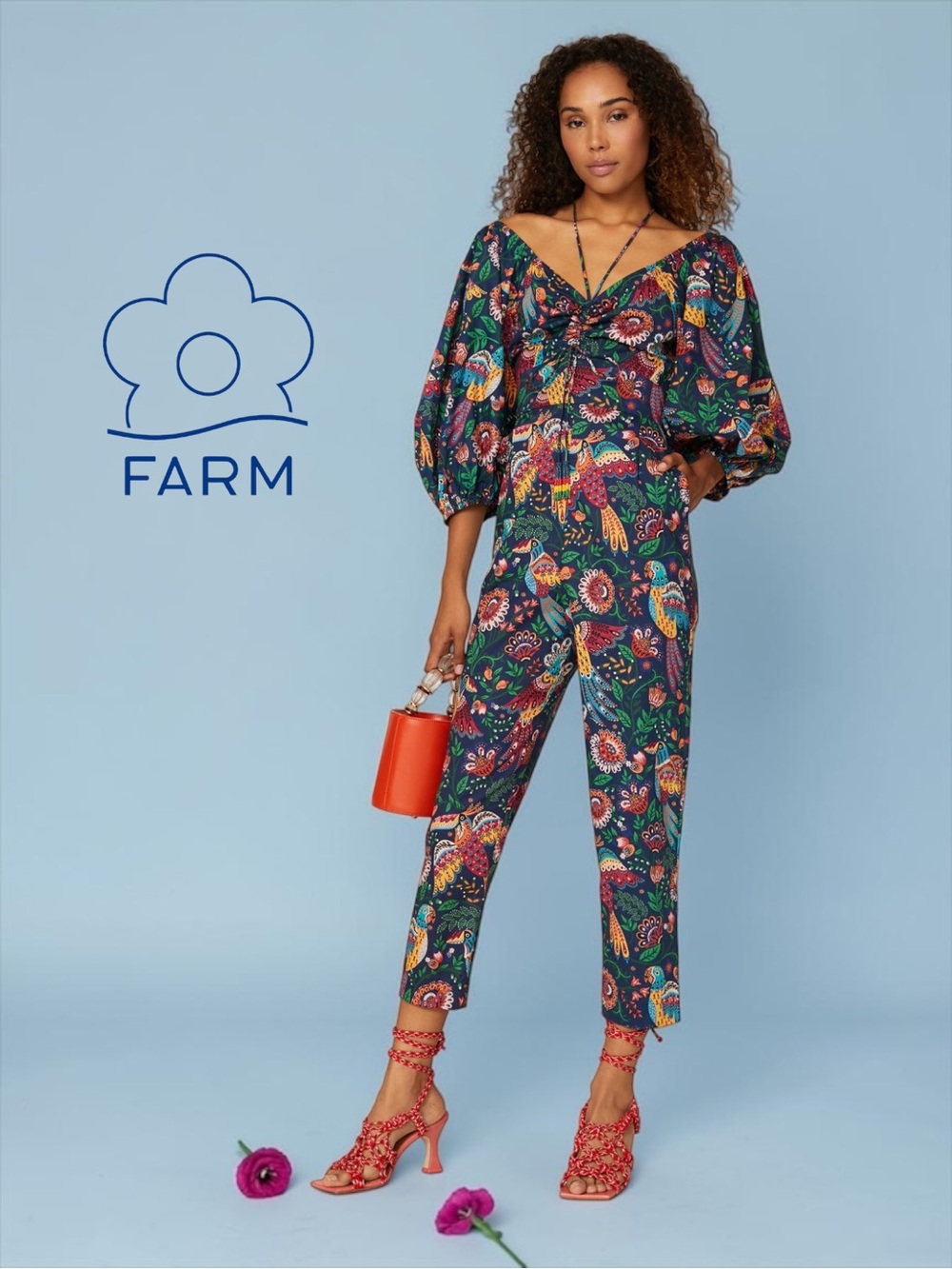 FARM Rio Tropical Birds Puff Sleeve Jumpsuit Size Small NWOT